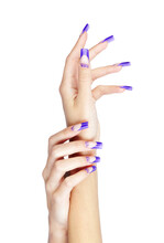 Hands With Blue French Acrylic Nails Manicure And Painting