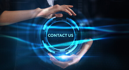 Business, technology, internet and network concept. Young businessman thinks over the steps for successful growth: Contact us