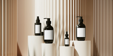 Poster - Minimal background for branding and product presentation. Sunshade shadow on cosmetic bottle and beige corrugated panel background. 3d rendering illustration. Clipping path of each element included.