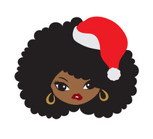 Vector Illustration Of An African American Black Girl With An Afro Hair And Christmas Santa Hat.