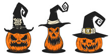 Set Of Illustrations Of Scary Halloween Pumpkin In Witch Hats. Design Element For Poster,card, Banner, Sign, Emblem. Vector Illustration