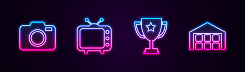 Sticker - Set line Photo camera, Television tv, Trophy cup and Warehouse. Glowing neon icon. Vector.