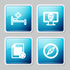 Sticker - Set line Hospital bed, Monitor and shield, Transfer files and Wind rose icon. Vector.