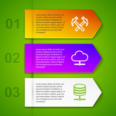 Set line Two crossed hammers, Network cloud connection, Server, Data, Web Hosting and Trash can. Business infographic template. Vector.