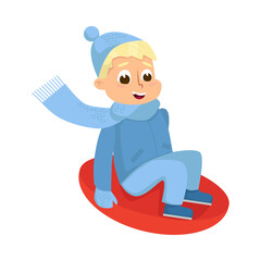 Poster - Playful Boy in Warm Hat and Knitted Mittens Sliding Down with Snow Saucer Vector Illustration