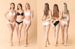 Beautiful young women in underwear on color background. Front and back view