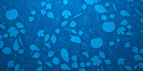 Happy Thanksgiving background with autumn leaves, vegetables and turkey in blue colors