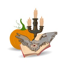 Halloween Pumpkin Jack, Vintage Candlestick And Owl With Letter. Composition For Halloween Isolated On White Background