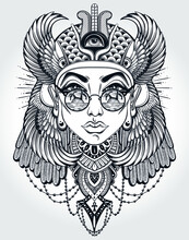 Hand-drawn Vintage Illustration Of The Ancient Cleopatra's Head. Tattoo Art, Graphic, T-shirt Design, Postcard, Poster Design, Coloring Books. Vector Illustration.