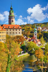 Sticker - State Castle and Chateau Cesky Krumlov, Czech Republic, Old Town and Autumn In the afternoon with the blue sky and beautiful clouds.