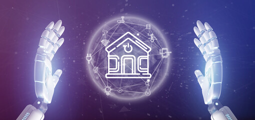 Poster - cyborg holding smart home interface with icon, stats and data 3d rendering