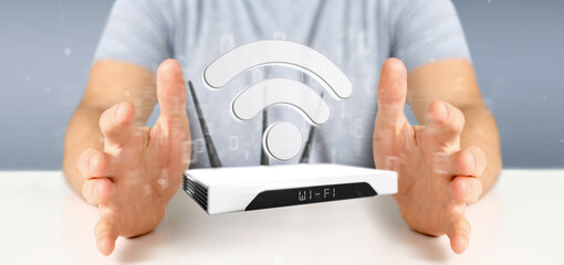 Poster - businessman holding a wifi router and data - 3d rendering