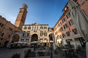 Sticker - Verona, Piazza dei Signori also known as Piazza Dante, square in the historic center of the city with the Lamberti tower (Torre dei Lamberti). UNESCO world heritage site, Veneto, Italy, Europe.