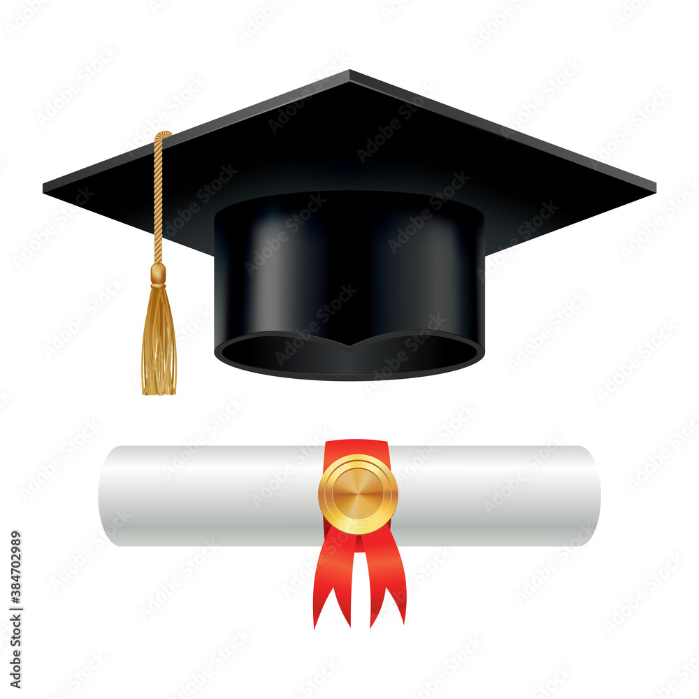 Graduation cap and rolled diploma scroll with stamp. Finish education ...