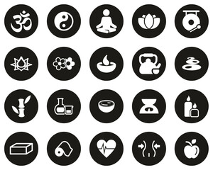 Poster - Yoga Exercise & Yoga Lifestyle Icons White On Black Flat Design Circle Set Big