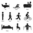 © Cherstva - Young active cut out stick figure man flying, swimming, reading, standing, walking, going, running, riding, sleeping, sitting, writing vector illustration pictogram icon set on white background