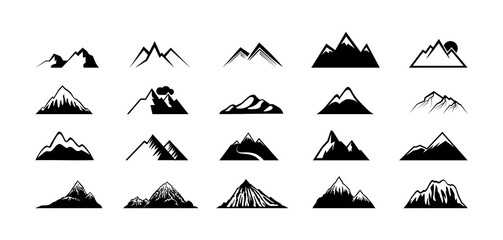 Sticker - Mountain peak silhouettes. Black hills, top rocks. Mountains symbols, extreme sport hiking climbing travel or adventures. Isolated geology landscape elements vector. Illustration mountain climbing