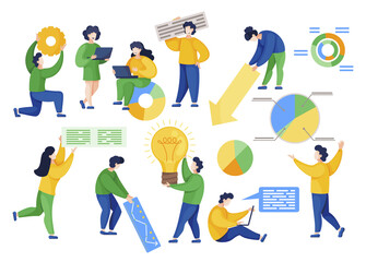 Fototapete - People, men and women, working together in company at office. Presentations of analytics and statistics information on board. Set of pictures with person and business tool. Vector illustration in flat
