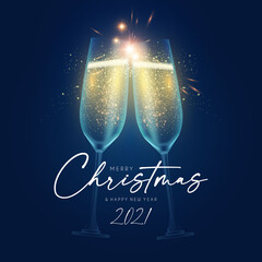 Wall Mural - merry christmas and happy new 2021 year background with champagne glasses, lights and bokeh effect.