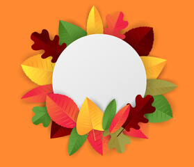 Wall Mural - Autumn circular banner with green, red, and orange leaves. Design for advertisement, promo. Vector illustration.