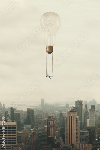 surreal moment of a woman traveling on a swing carried by a light bulb over a metropolis..
