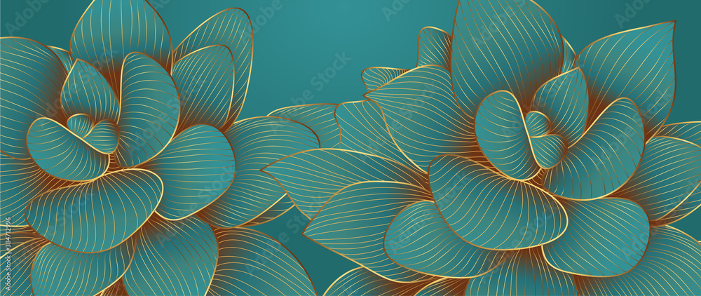 Luxurious green emerald background design with golden lotus. Lotus flowers line arts design for wallpaper, natural wall arts, banner, prints, invitation and packaging design. vector illustration.. - obrazy, fototapety, plakaty 