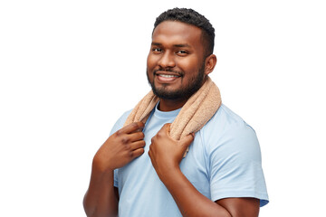 Wall Mural - grooming and people concept - smiling african american young man with bath towel over white background