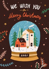 Winter holidays greeting card decorated with glass snow globe with cozy houses inside. Cute postcard with christmas souvenir and festive lettering. Vector illustration in flat cartoon style