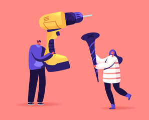 Poster - Tools for Home Repair, Building and Construction Works. Tiny Male and Female Characters Holding Huge Drill and Screw