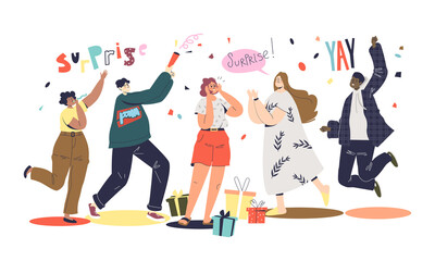 Wall Mural - Friends greeting girl with holiday or birthday at surprise party. Unexpected greeting concept