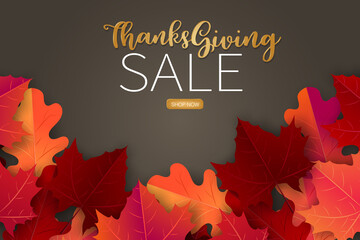 Wall Mural - Happy Thanksgiving saleposter.  Background with red and orange maple fall leaves. American traditional november holiday. Banner for advertisement, promotion, invitation. Golden typography text.