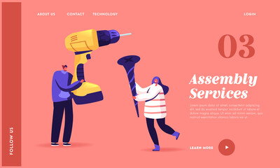 Poster - Tools for Home Repair, Building and Construction Works Landing Page Template. Tiny Characters Hold Huge Drill and Screw
