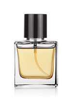 Elegant Transparent Bottle Of Yellow Perfume Isolated On A White.