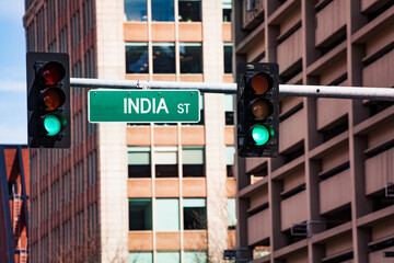 India street sign and traffic light in Boston, Massachusetts, USA