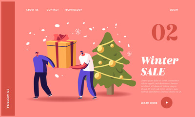 Wall Mural - Merry Christmas and Happy New Year Presents and Wishes Landing Page Template. Tiny Male Characters Pull Huge Gifts Box