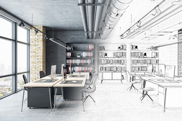 Poster - Drawing coworking office interior with computers