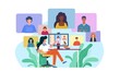 Video conference. Woman at desk provides collective virtual chat. Online business meeting working team webinar with specialist home office during covid-19 quarantine vector concept