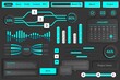 © YummyBuum - User interface elements. Futuristic virtual digital graphic user controls, website game menu panel. Web ui buttons, tools and diagrams, neon blue media display dark background vector set