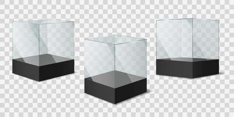Glass Cube. Transparent shiny cubes on black pedestal, empty showcases for object exhibition mockup, museum exposition square boxes for presentation products realistic vector templates set