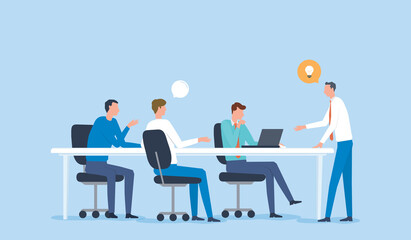 Poster - flat vector illustration business team meeting for project brainstorming and business   people planning for marketing strategy concept

