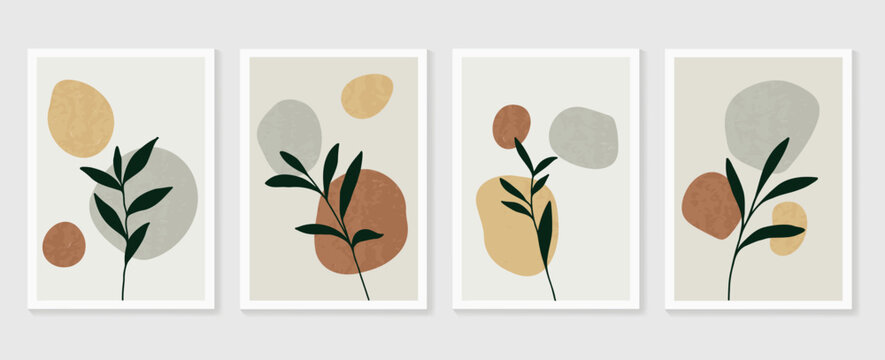 Botanical wall art vector set. Earth tone boho foliage line art drawing with  abstract shape.  Abstract Plant Art design for print, cover, wallpaper, Minimal and  natural wall art..