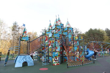 Dormitory area of Moscow. Buildings, playground in Tryokhgorka area, Chistyakova Street, Odintsovo district, Moscow city, Russia. Children's active games. Landmark