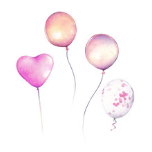 Watercolor Air Balloons. Watercolor Set Of Colorful Balloons Isolated On White Background. Greeting Decor