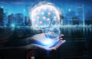 Aufkleber - Man hand using digital x-ray skull holographic scan projection 3D rendering