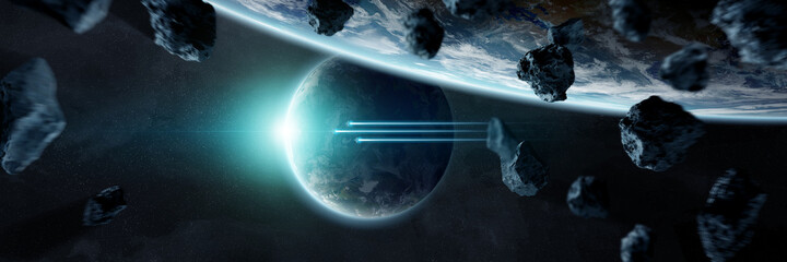Leinwandbilder - Panoramic space planets background. Panorama of distant solar system with exoplanets 3D rendering elements of this image furnished by NASA