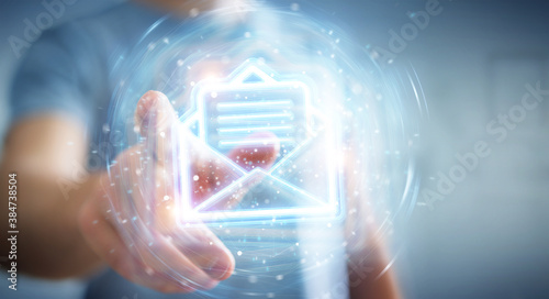Cuadros en Lienzo Man using digital email blue holographic interface 3D rendering