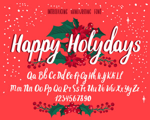 Wall Mural - Christmas font. Holiday typography alphabet with season wishes and festive illustrations.
