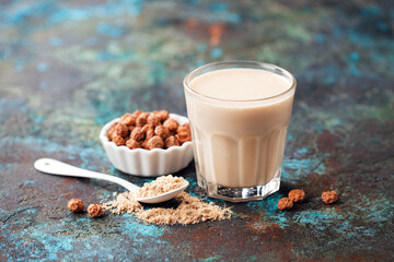 Homemade tiger nuts flour and milk, selective focus