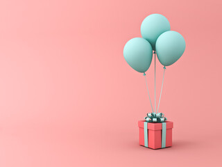 Aufkleber - Red gift box or present box with light green blue pastel color ribbon bow and balloons isolated on light red orange pastel color background with shadow 3D rendering