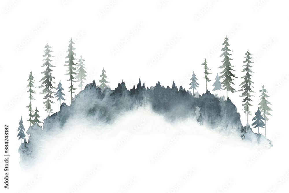 Watercolor vector winter forest landscape with fir trees. Stock Vector ...